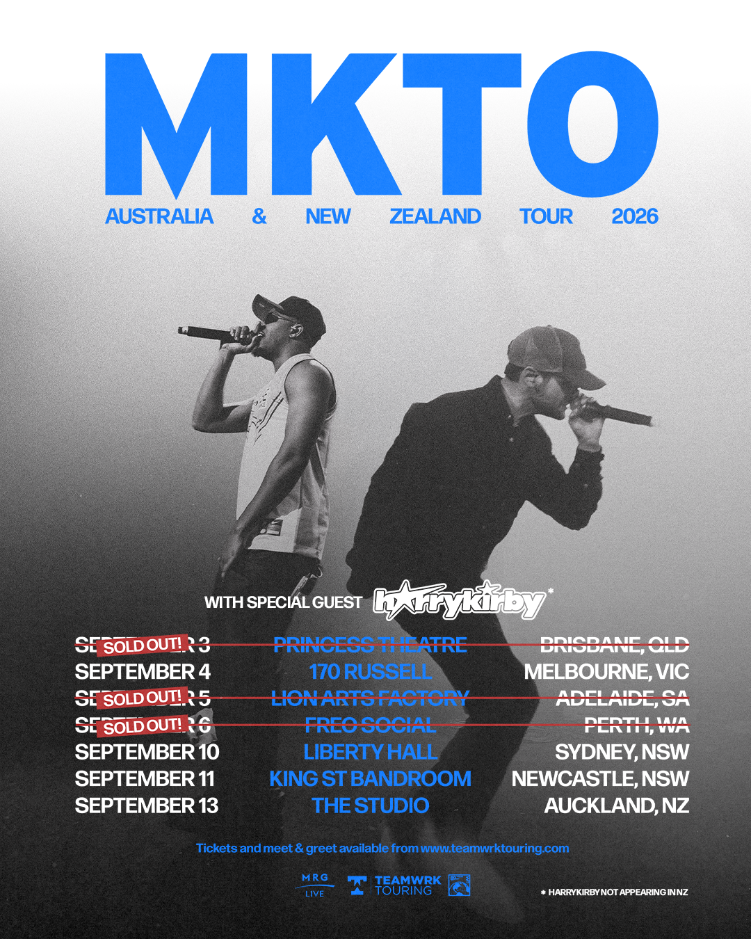 MKTO Australia & New Zealand Tour 2026 poster with special guest Harry Kirby, listing September concert dates, venues, and cities.